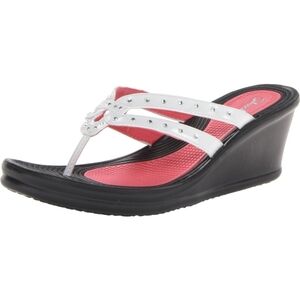 Skechers Cali Rumblers Lotus Flower Wedge Sandal White Rhinestone Womens Size 7